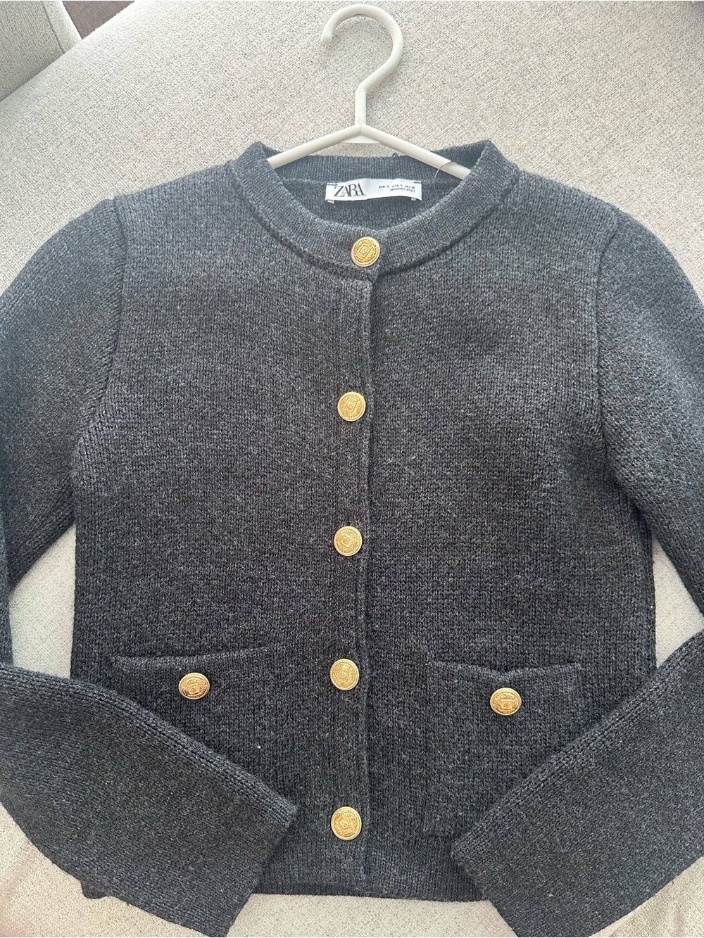 Zara Charcoal Knit Jacket Sweater with Gold Buttons Sz S